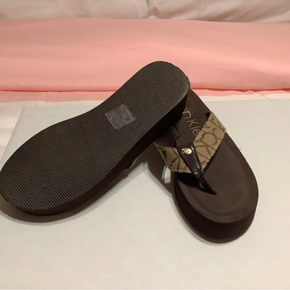 Calvin Klein Brown Logo Platform Flip Flops